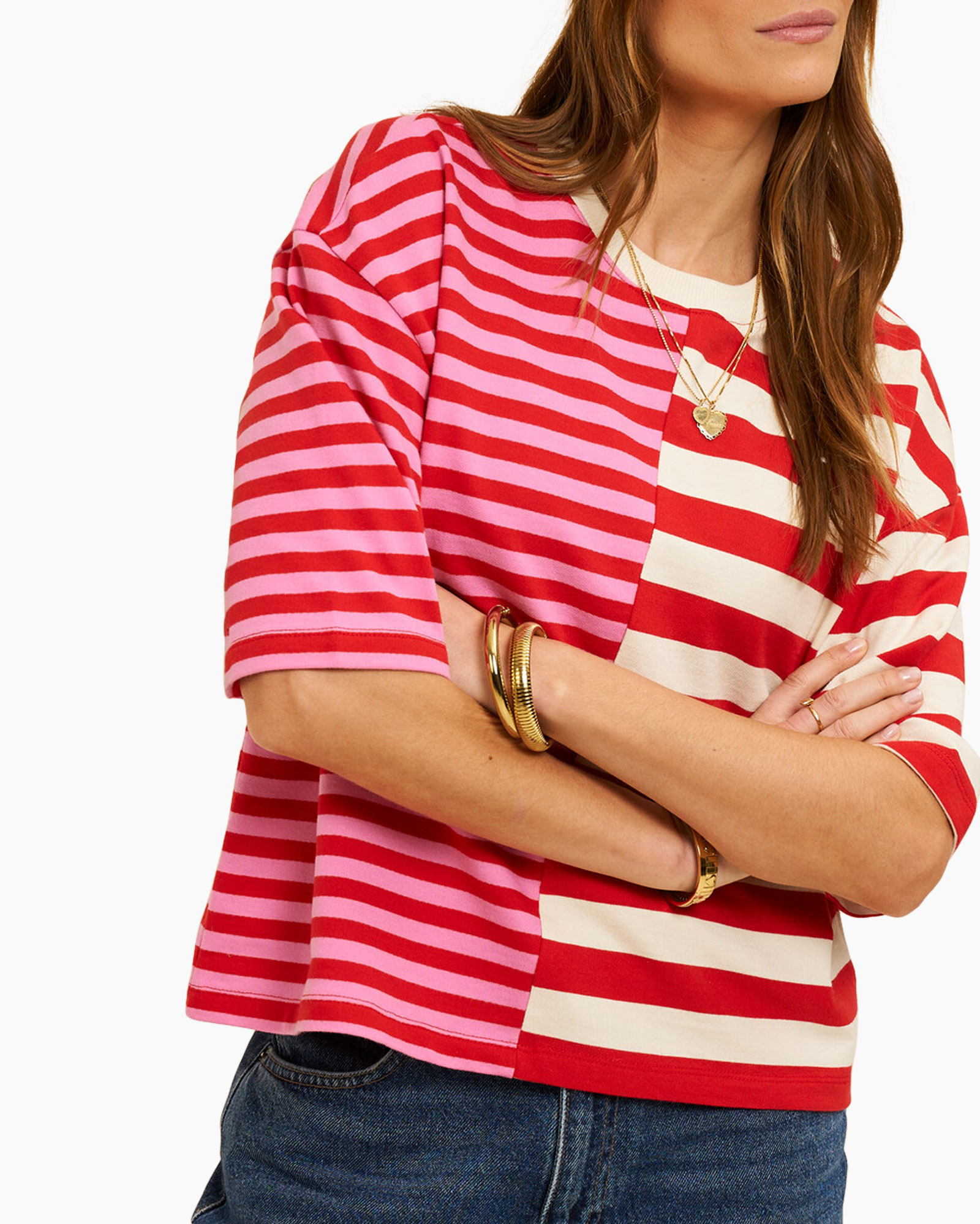 striped top, pink red stripes, half-sleeve, round neck, casual fit