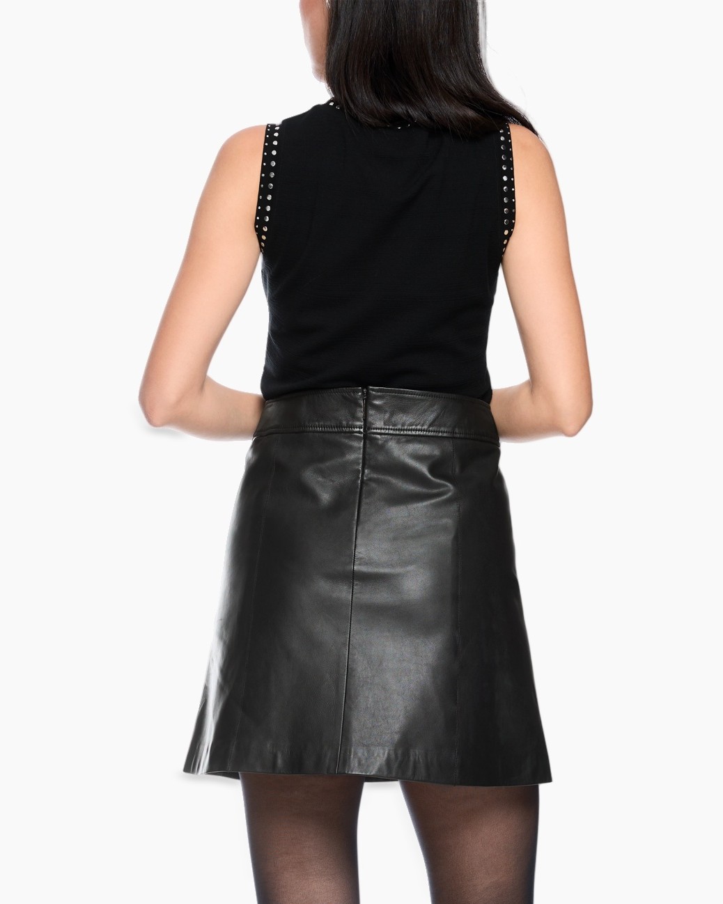 top, mouwloos, zwart, leder, rok