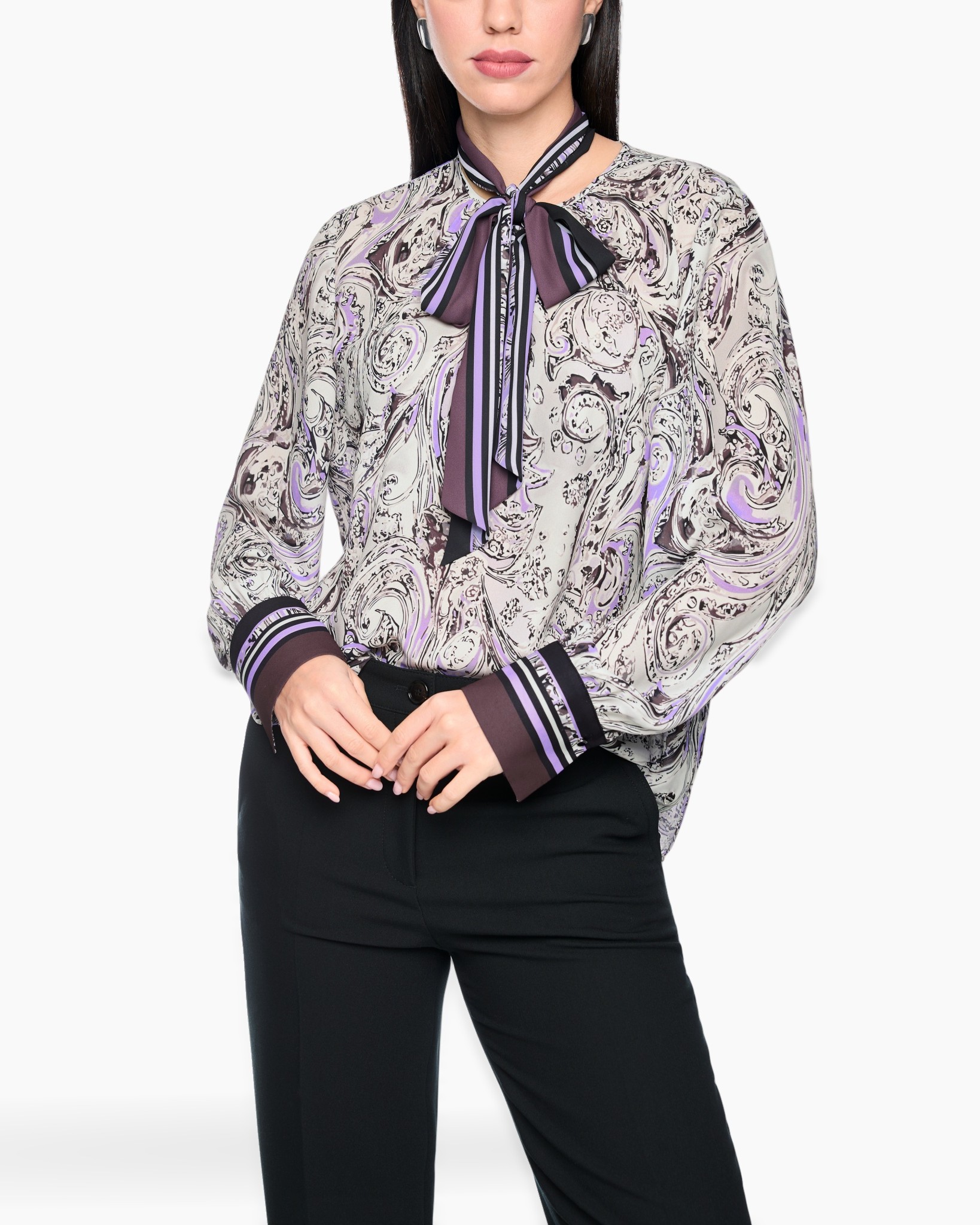 blouse, paisley, lange mouwen, zijde, paars
