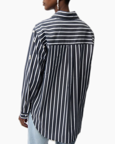 gestreepte blouse, knopenoverhemd, lange mouwen, versierd,  marineblauw