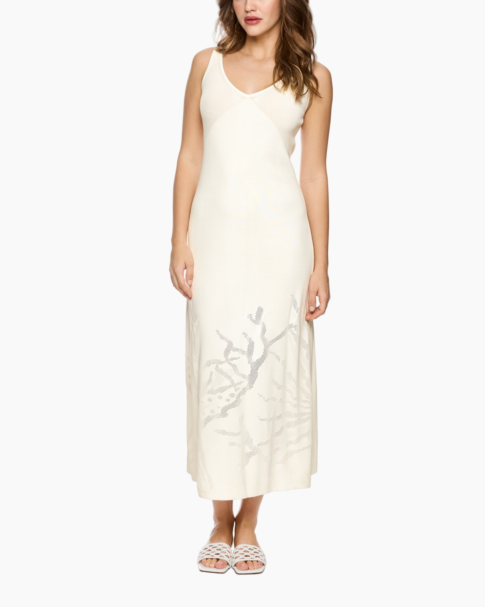 lange jurk, crème kleur, smalle bandjes, v-hals, boom patroon