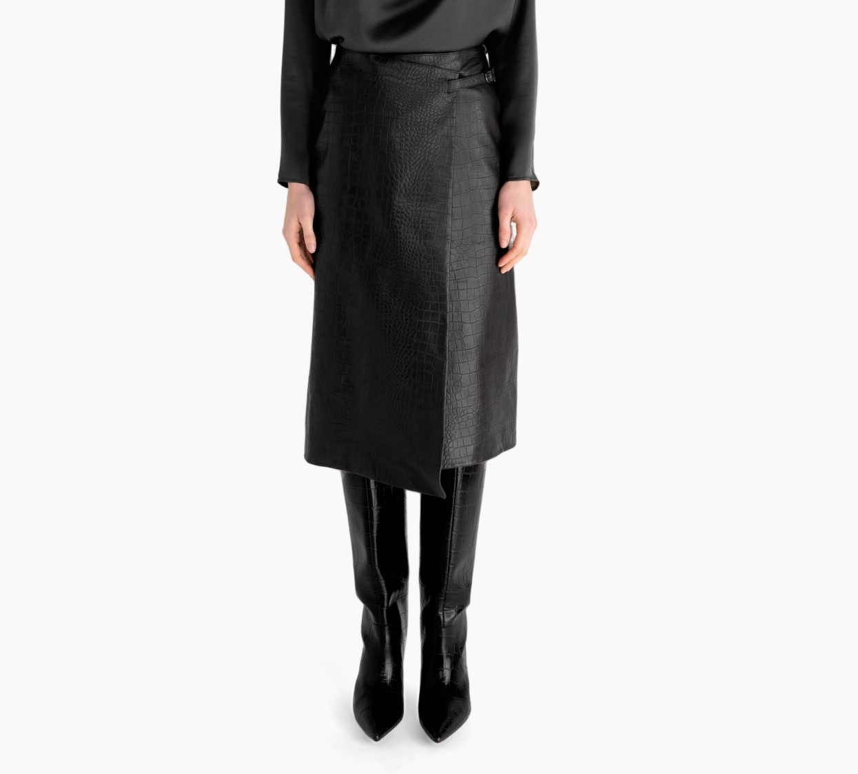 rok, knee-length, leer, krokodillenhuid patroon, zwart
