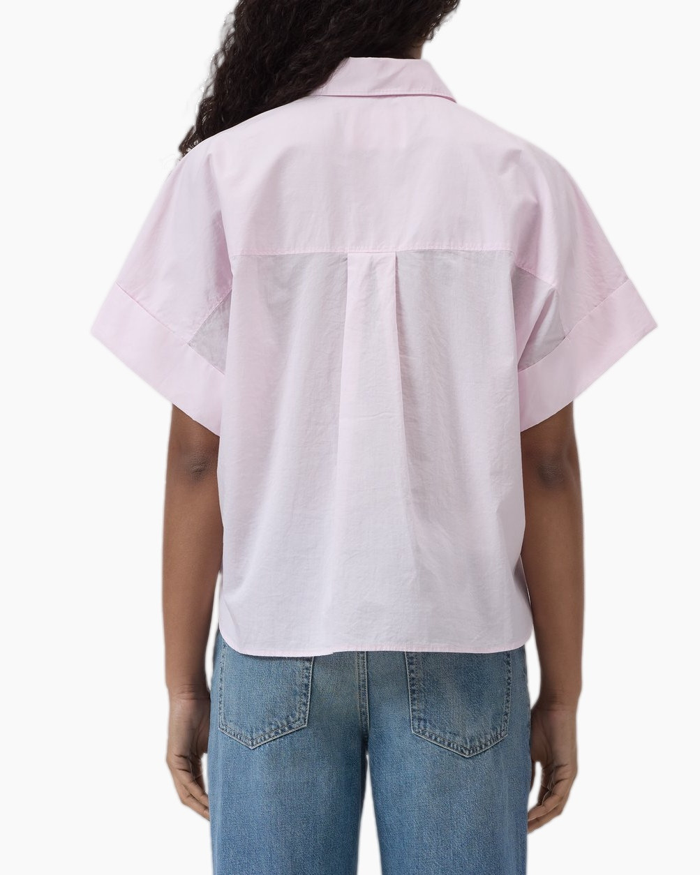 button-down, pink shirt,  oversized, short sleeves, denim jeans