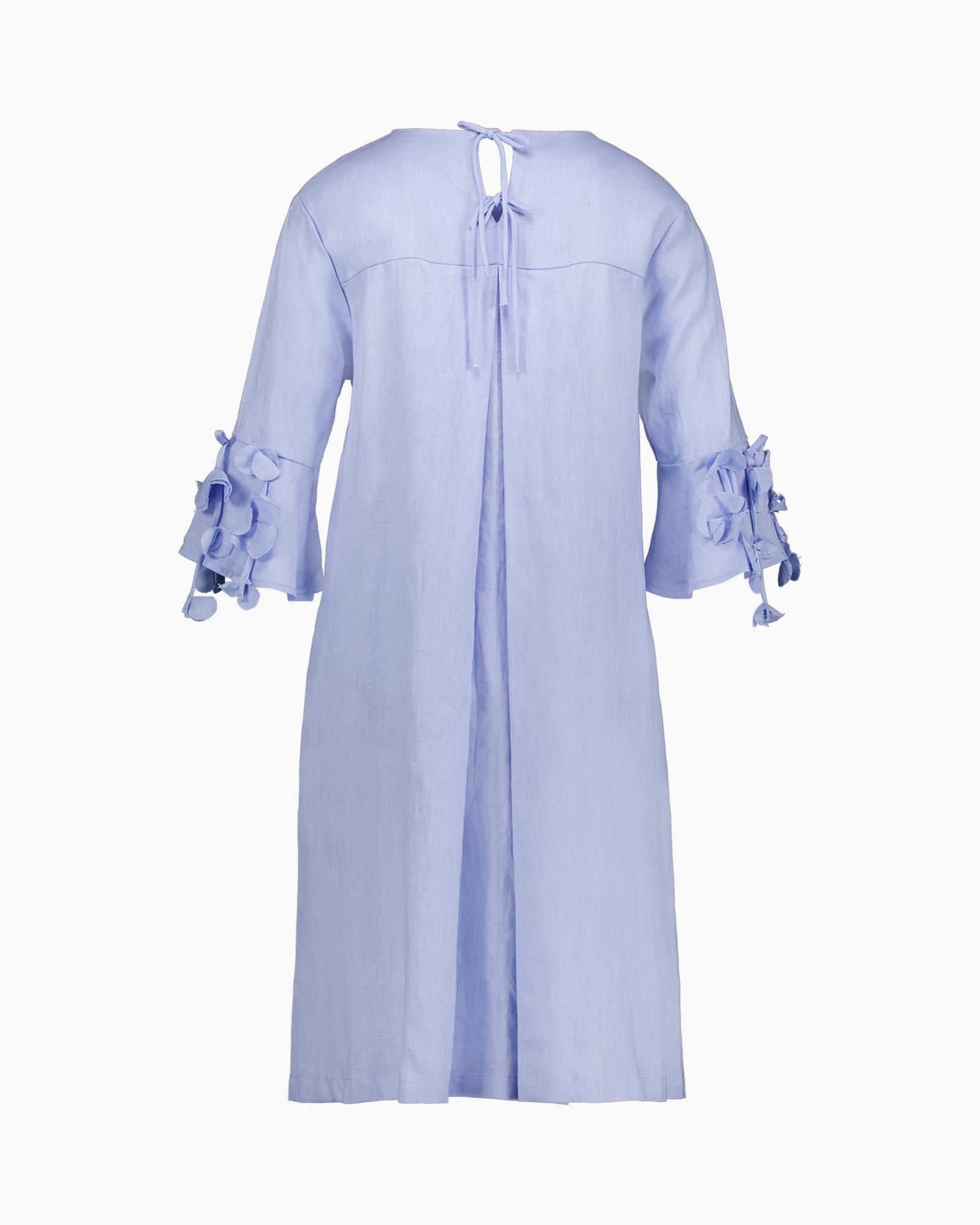 jurk, linnen, blauw, knie-lengte, lange mouwen