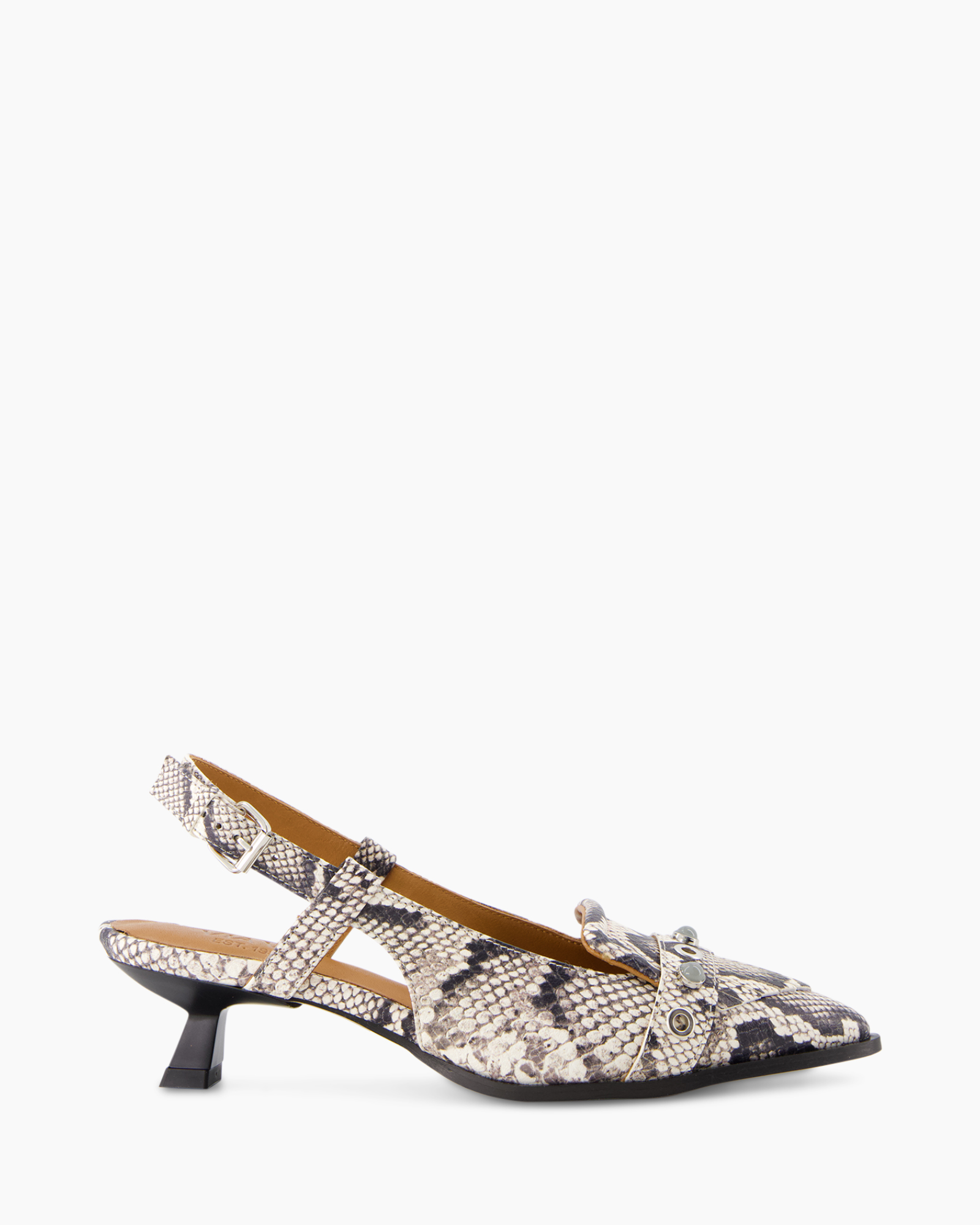 open-toe, snake-print,  slingback, kitten-heel, flat-heel