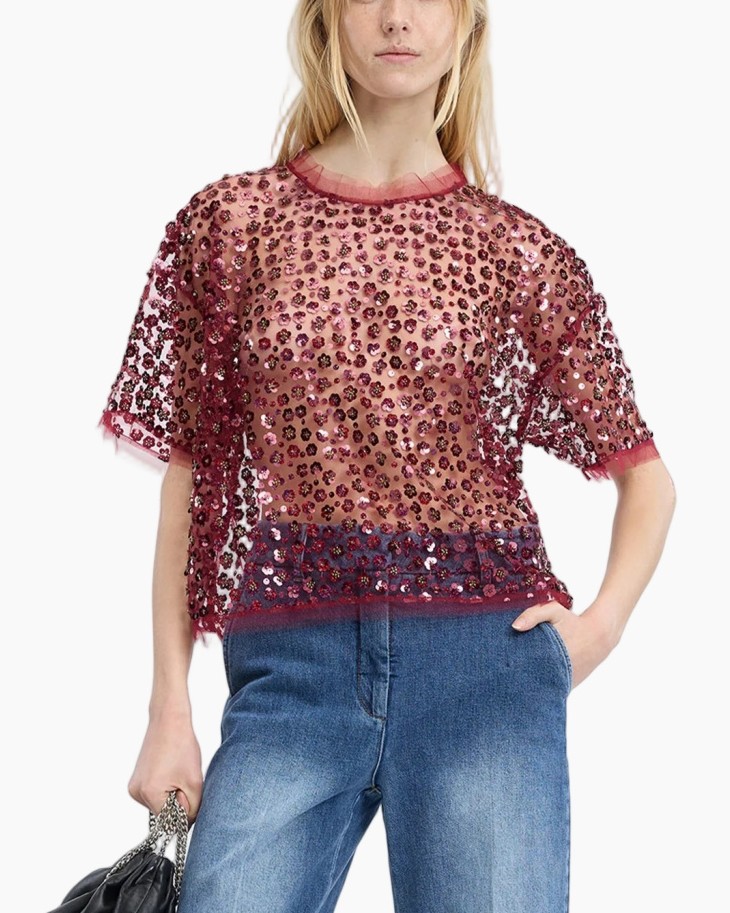damestop, doorschijnend mesh, bordeauxrood, paillettendecoratie, korte mouwen