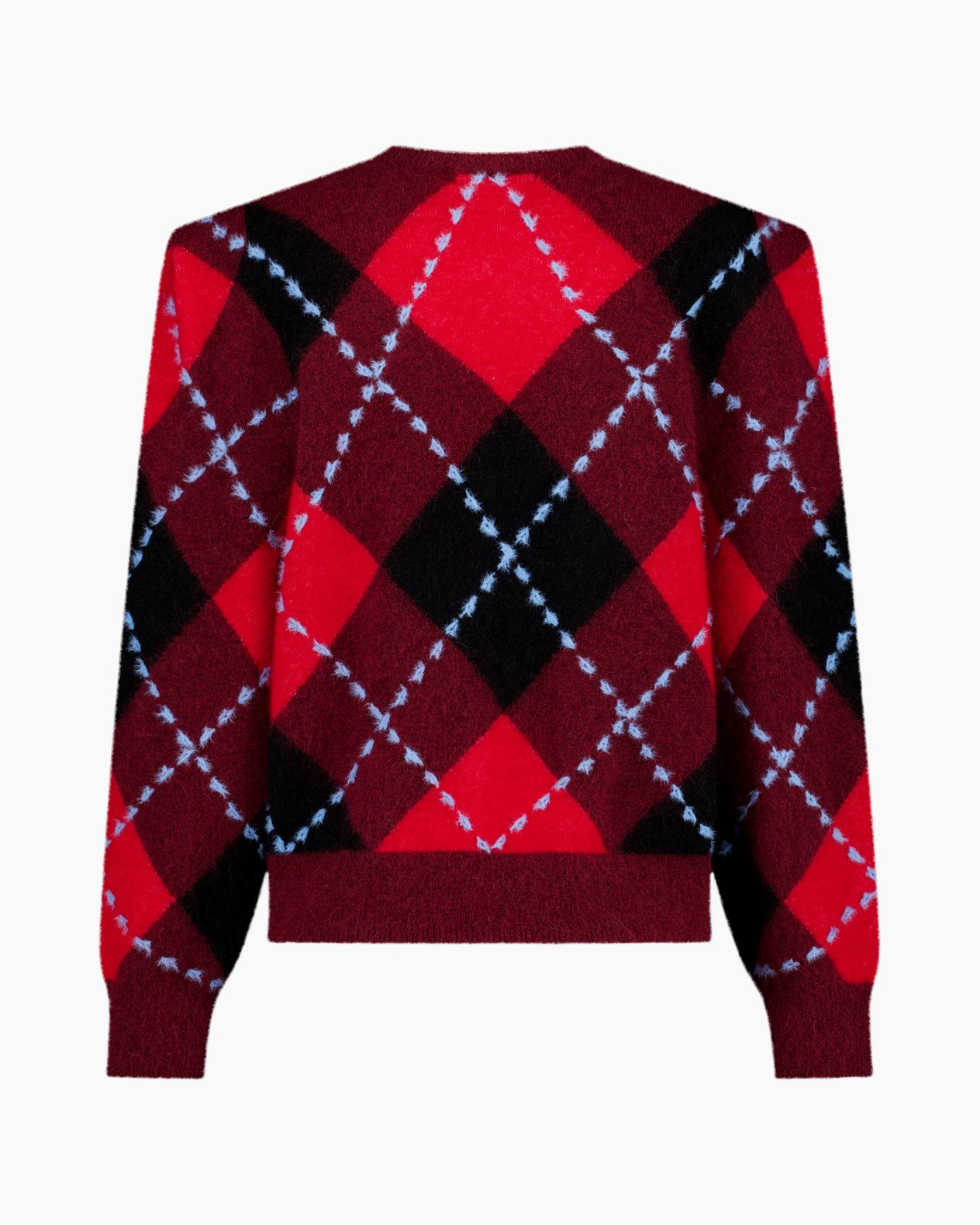 trui, ronde hals, ruitpatroon, rood en bordeaux, lange mouwen