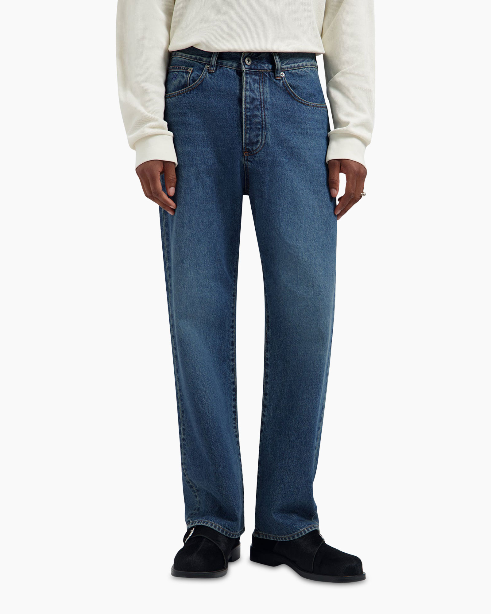 spijkerbroek, denim, recht model, midblauw, broek