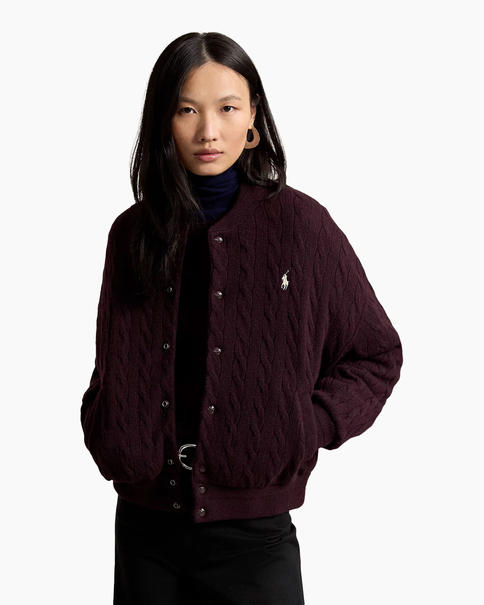 cardigan, kabelbrei, burgundy, logo polo, outerwear