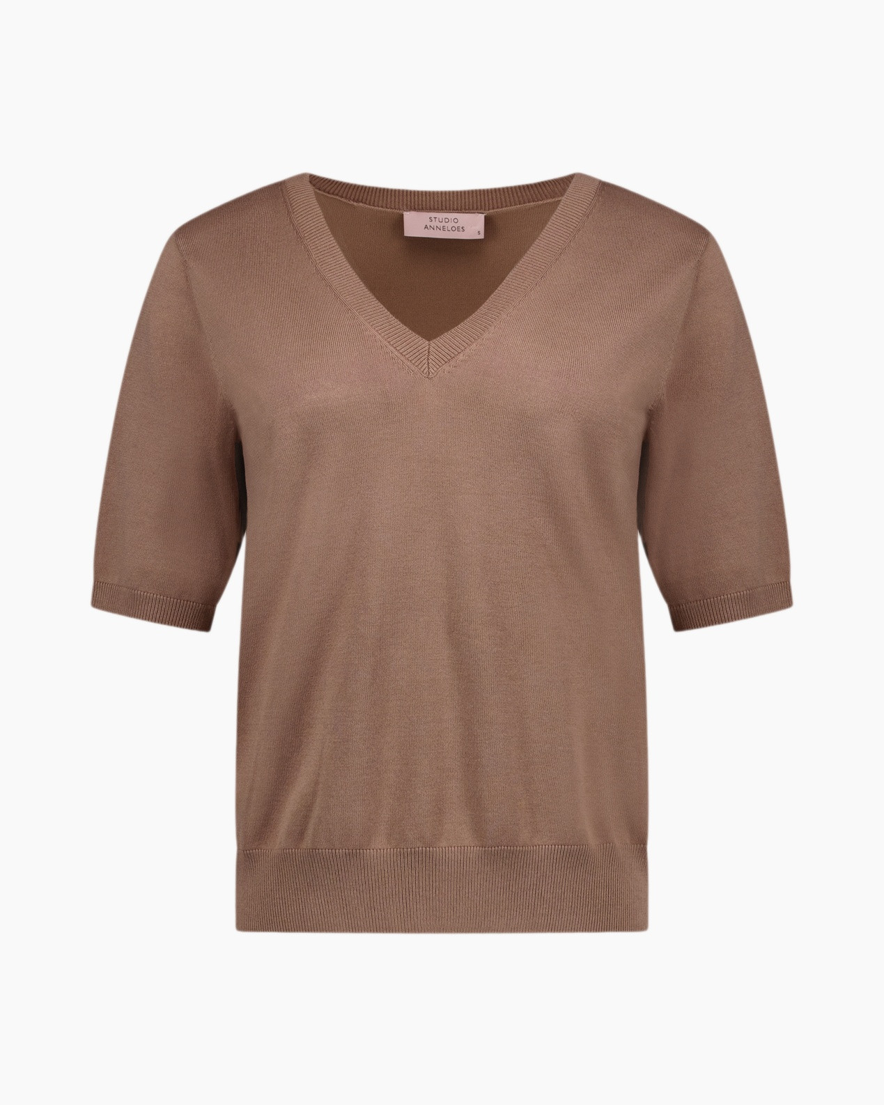 gebreid, tenue, v-hals, korte mouwen, bruin