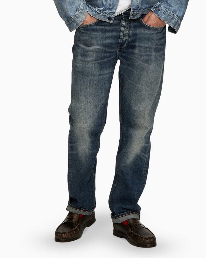 spijkerbroek, blauw denim, denim, versleten, slim fit