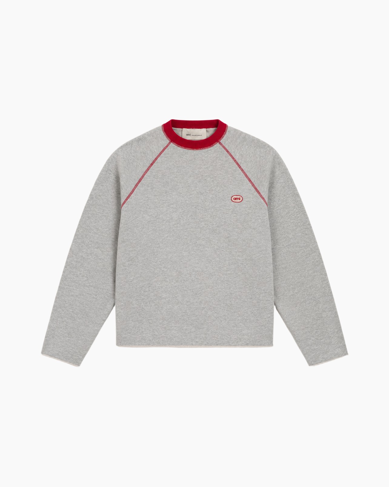 sweatshirt, grijs, langemouw, kraagloze ronde hals, rode stiksels