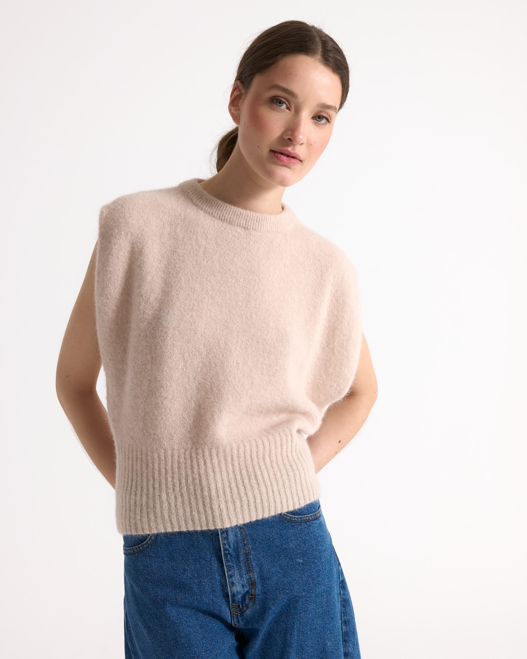 sweater, gebreide, beige, mouwloos, casual