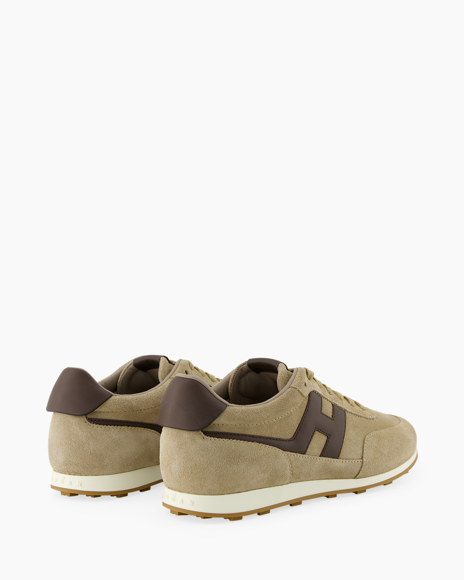 sneakers, beige, suede, laag model, bruine accenten