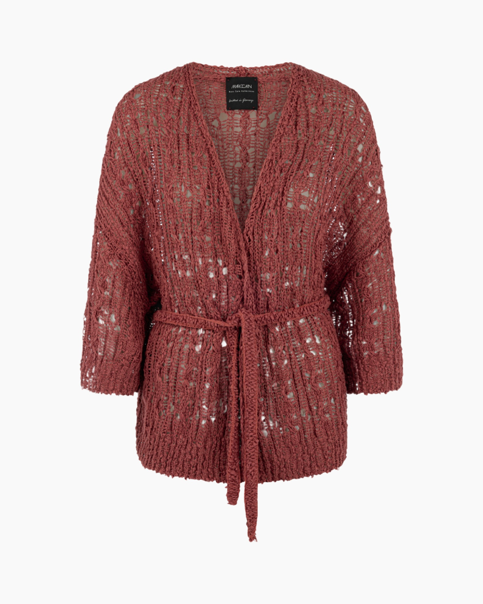 cardigan, knit, openwork, belted, rust-red