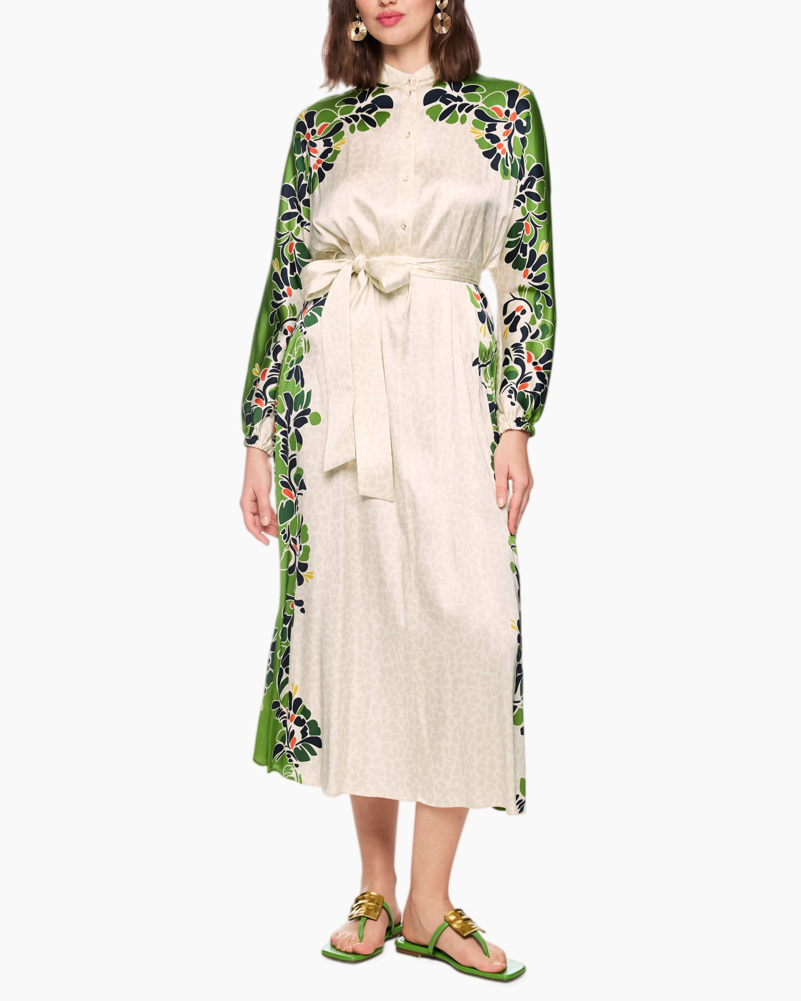 dress, midi dress, floral print, belted, long sleeve