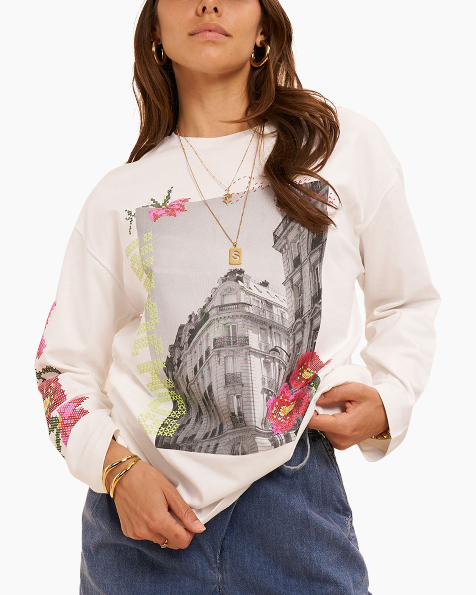 sweatshirt, grafisch, stadssilhouet, lange mouwen, wit