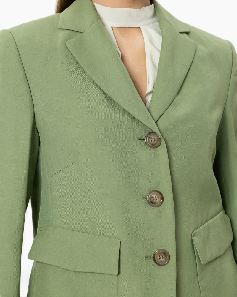 groene blazer, knopenblazer, notch-reliëf, zakflap, enkelrevers