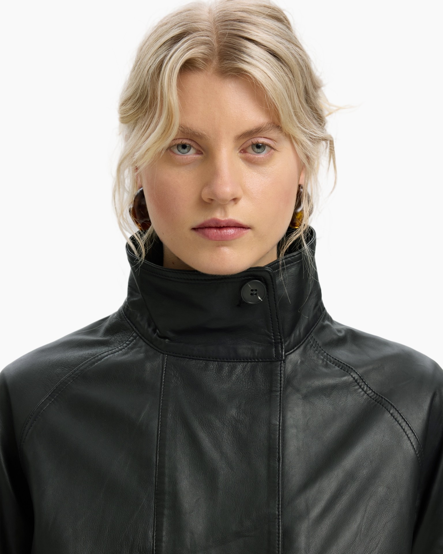leer, jacket, zwart, kraag, knop