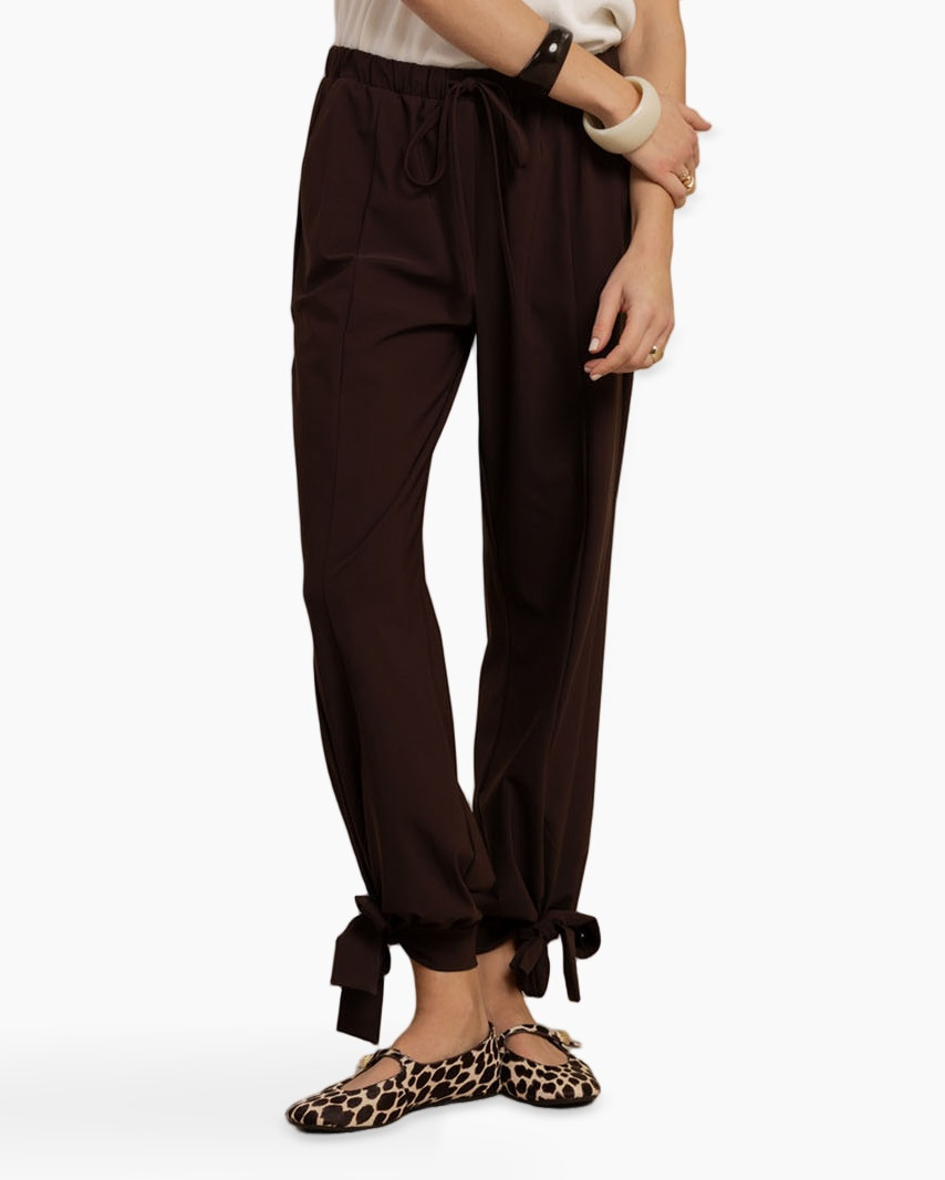 broek, touwsluiting, ongeknoopte enkels, bruin, leopard-schoenen