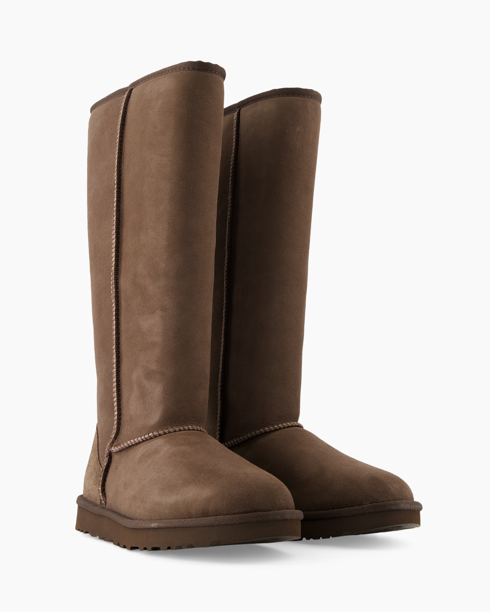 laarzen, knielang, bruin, suede, stiksels