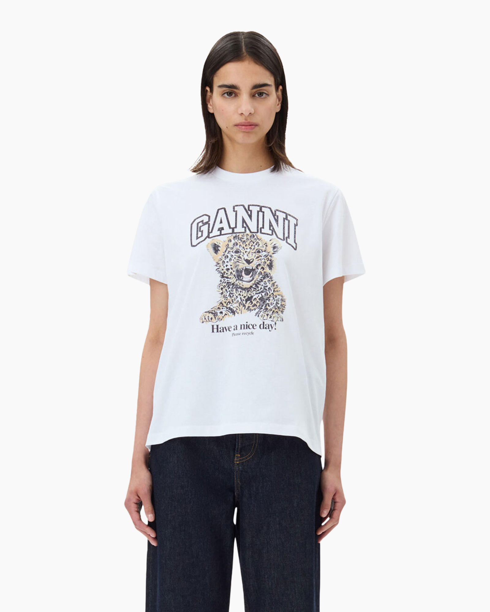 Ganni T-shirt Korte Mouw Basic Jersey Leopard Relaxed Wit
