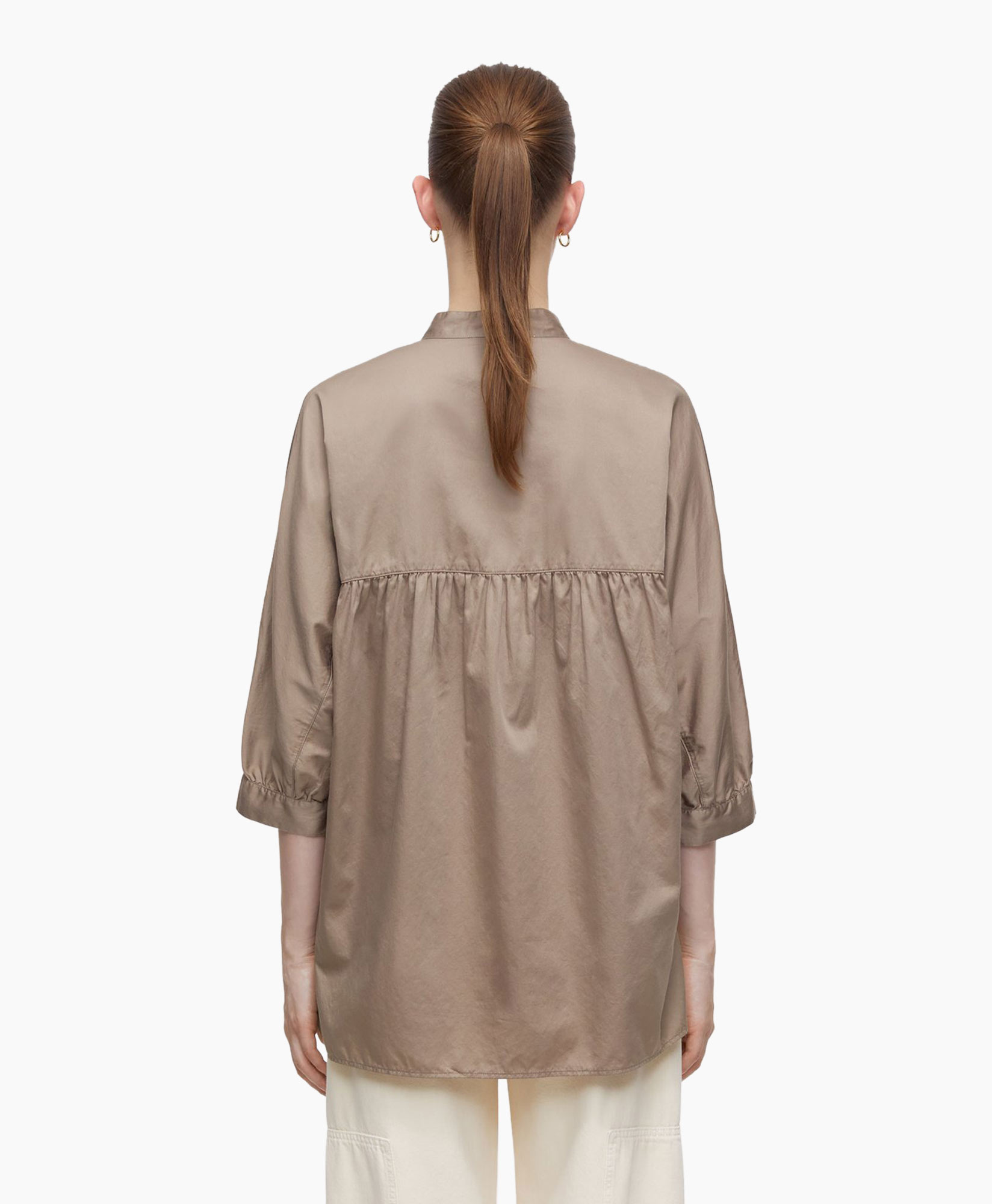 Closed Blouse Collarless Short Sleeve Taupe