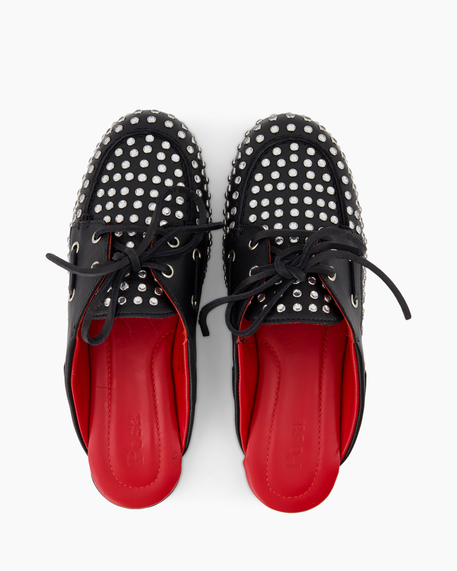 loafers, gespiked, zwart, rood-inlegzool, veters