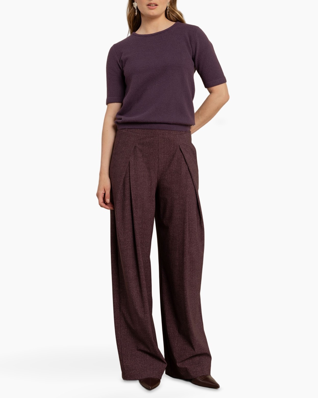 kort-sleeve top, paars, brei, effen, vrouw