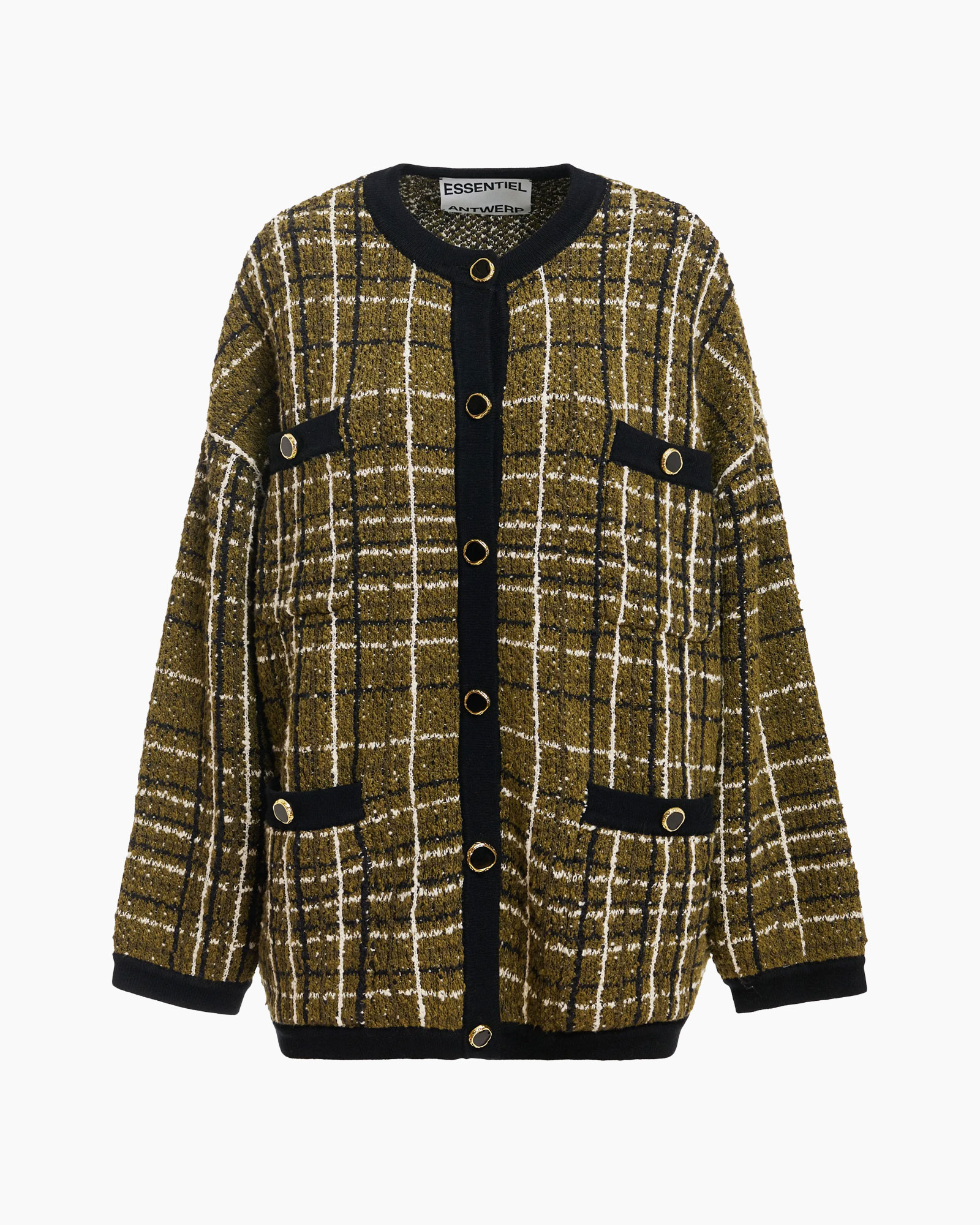 cardigan, breipull, ruit, goud, lange mouw