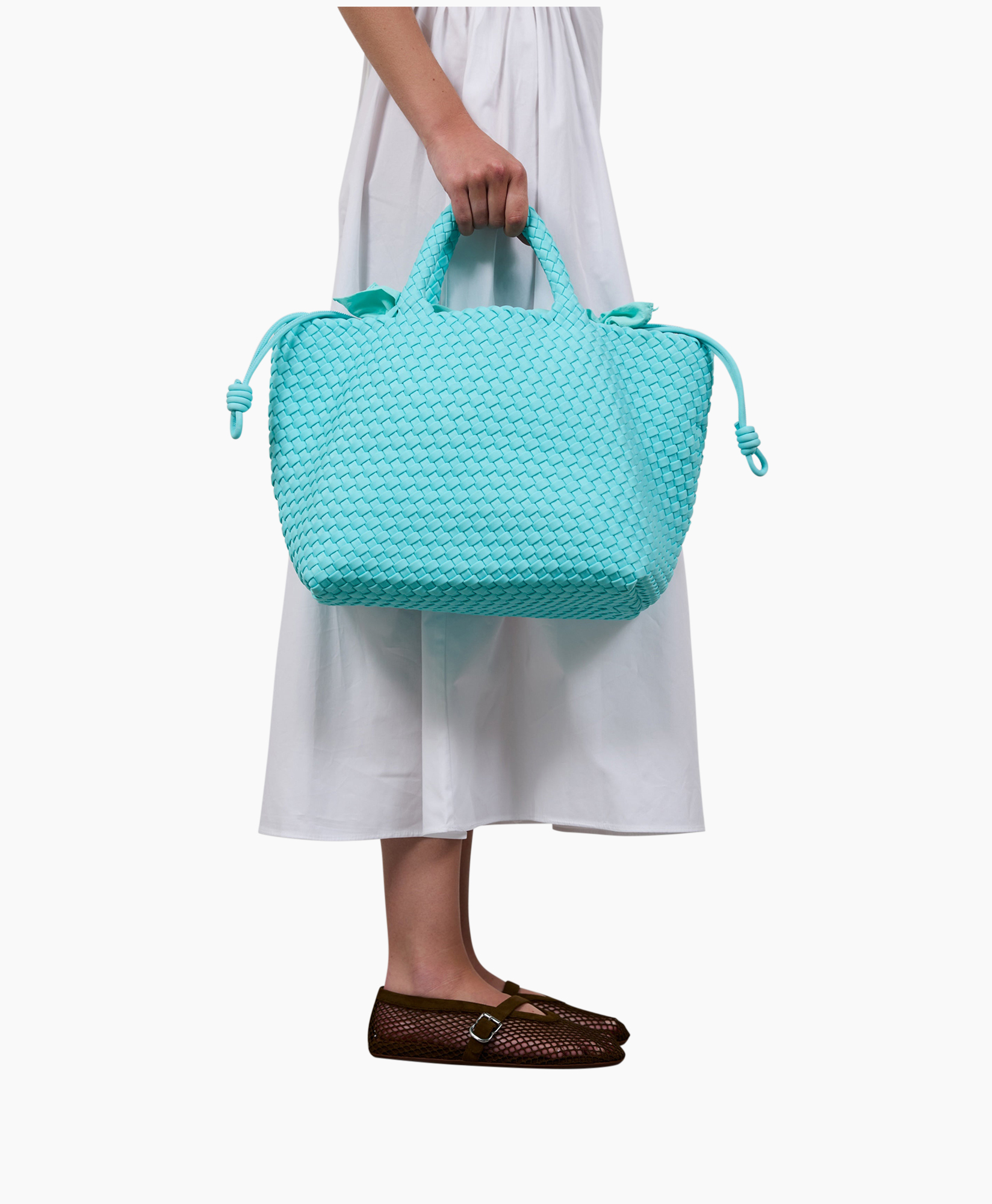 tas, mand, geweven, turkoois, touwtjes