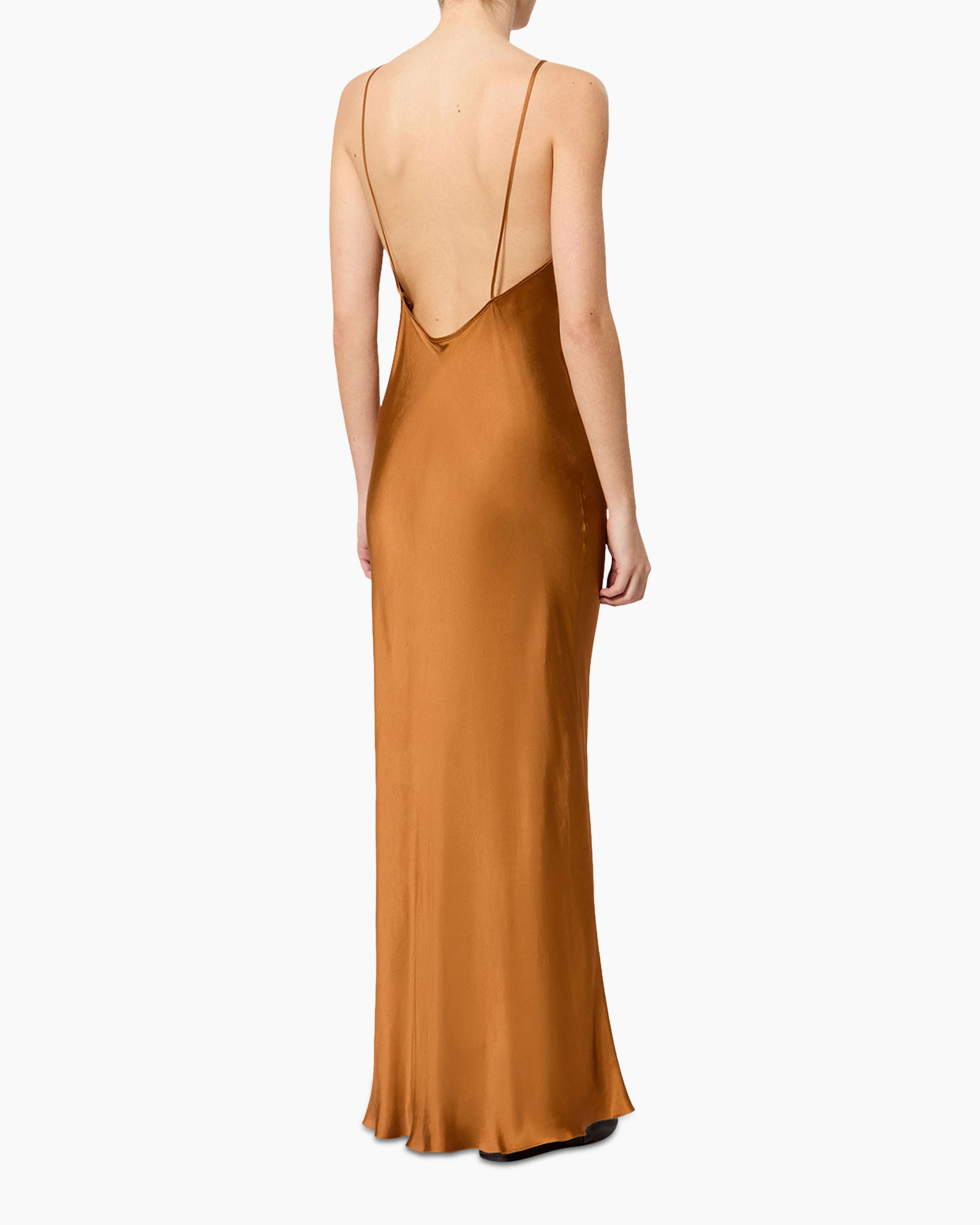 satijn, slipjurk, maxi jurk, spaghettibandjes, camel kleur