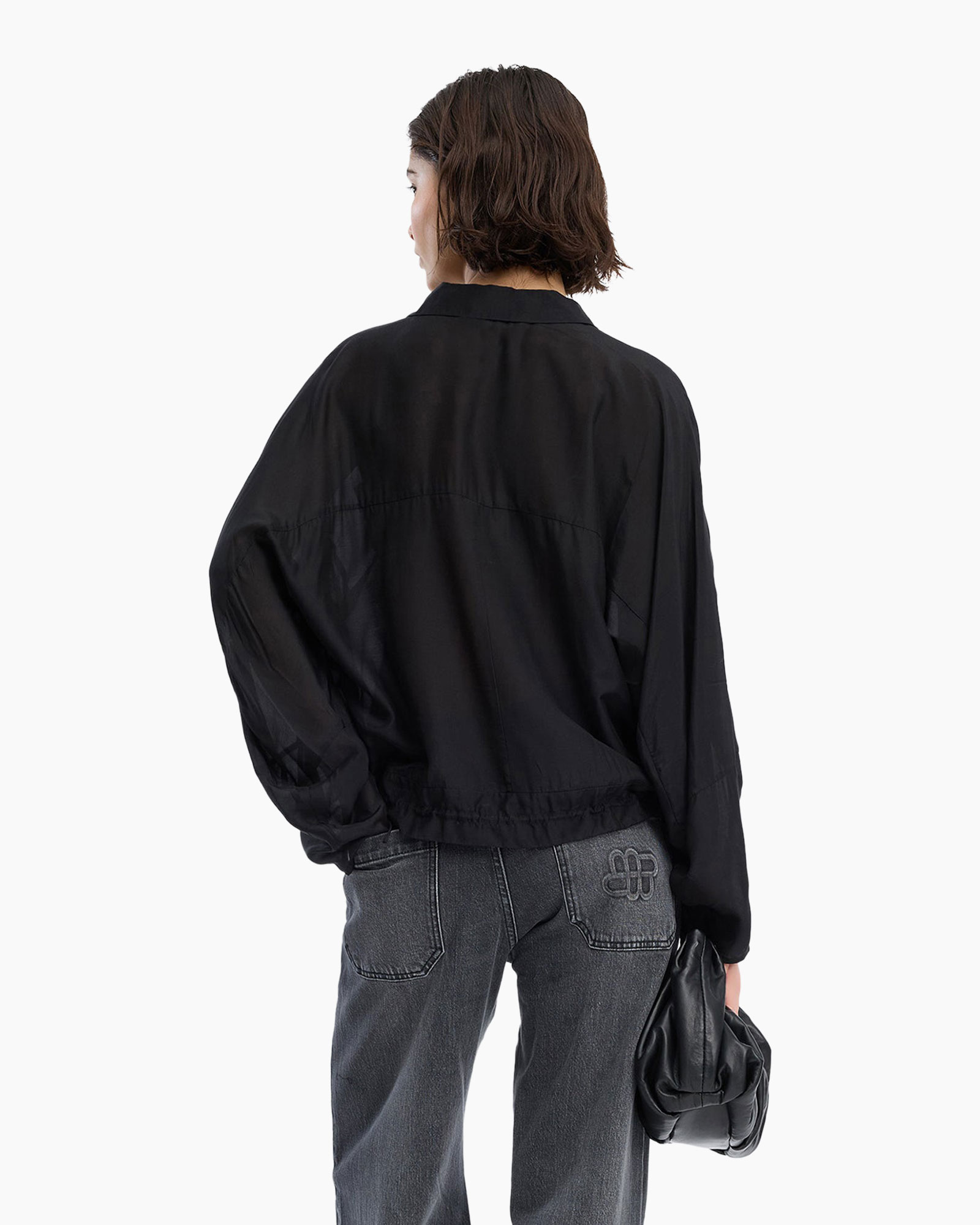 hemd, blouse, zwart, pofmouw, trekkoord