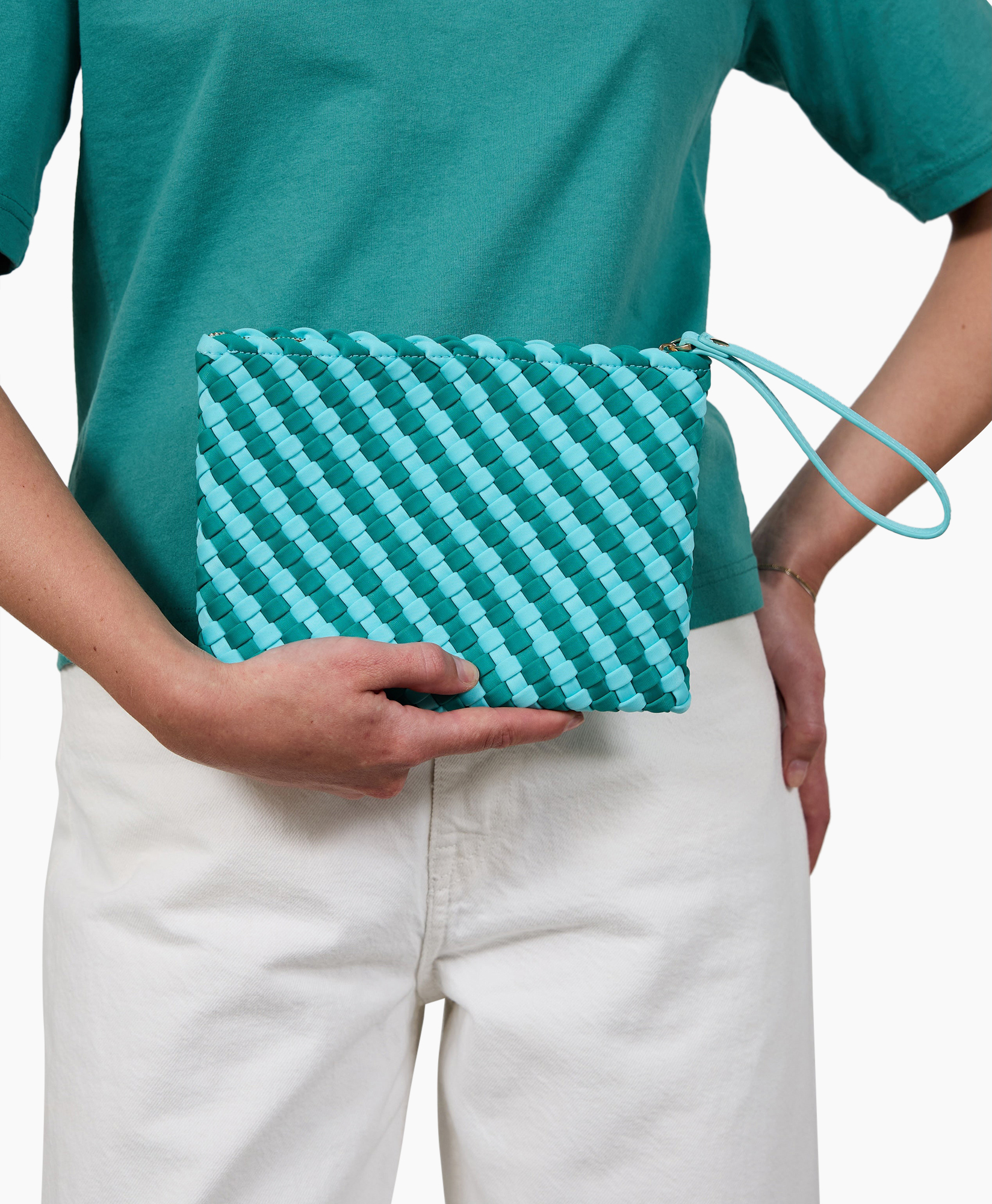 clutch, gewoven, turkoois, schoudertasje, riem