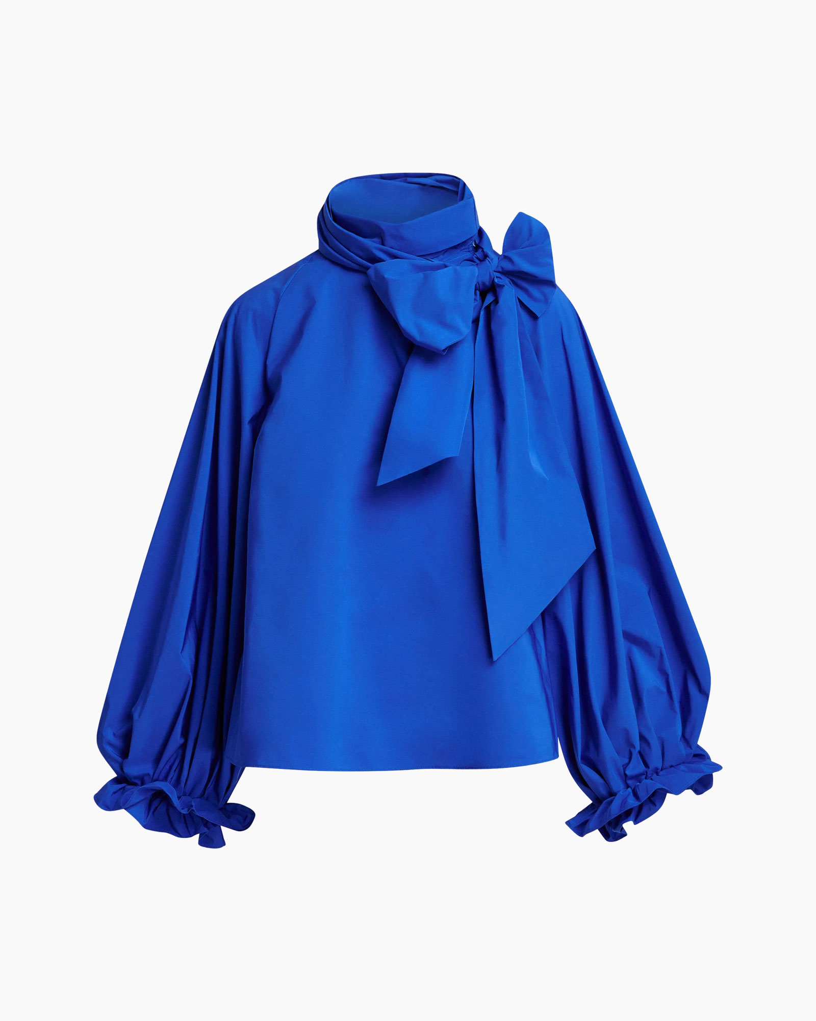 blouse, blauw, puffmouwen, kraagstrik, halshoogte
