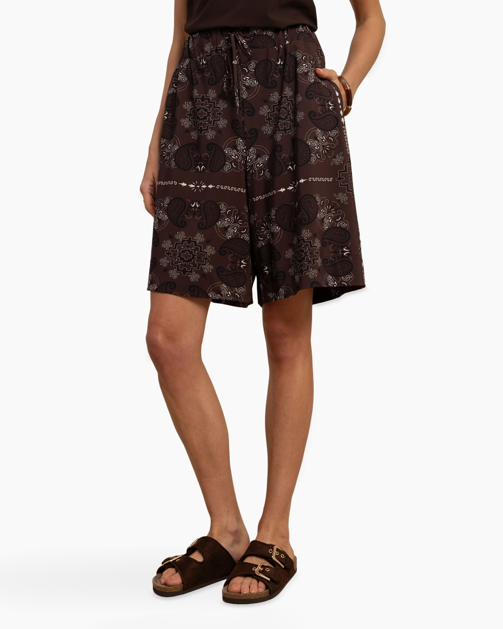 korte broek, paisley, trekkoord, bruin, patroon