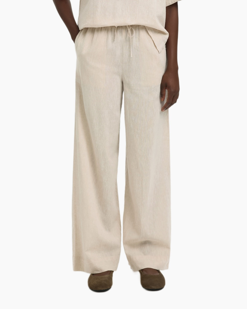 broeken, linnen, beige, wijdedelig, touwsluiting