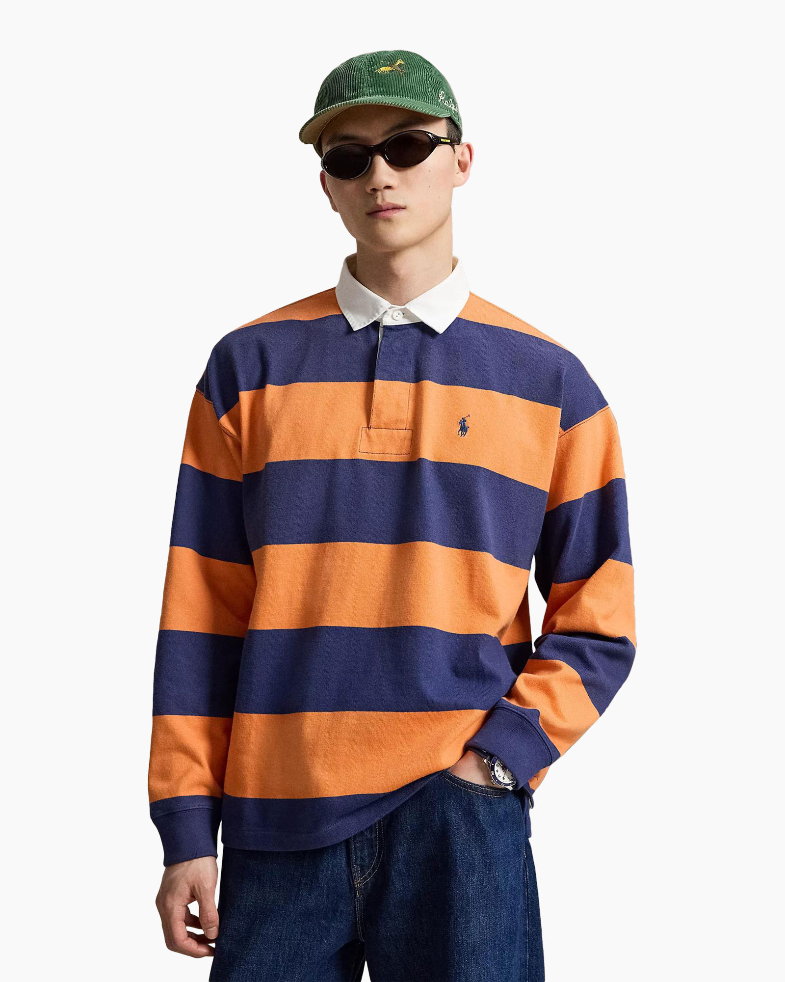 poloshirt met strepen, lange mouw, oranjeblauw, kraag polo, navy strepen