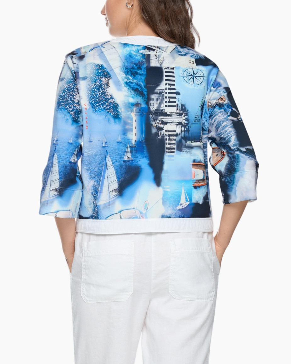 korte mouwen, cardigan, blauw-print, kraagloos, knopen