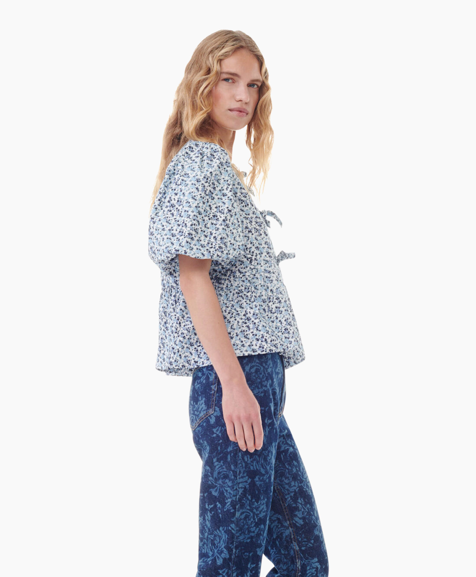 Blouse Printed Cotton Poplin Peplum Blauw