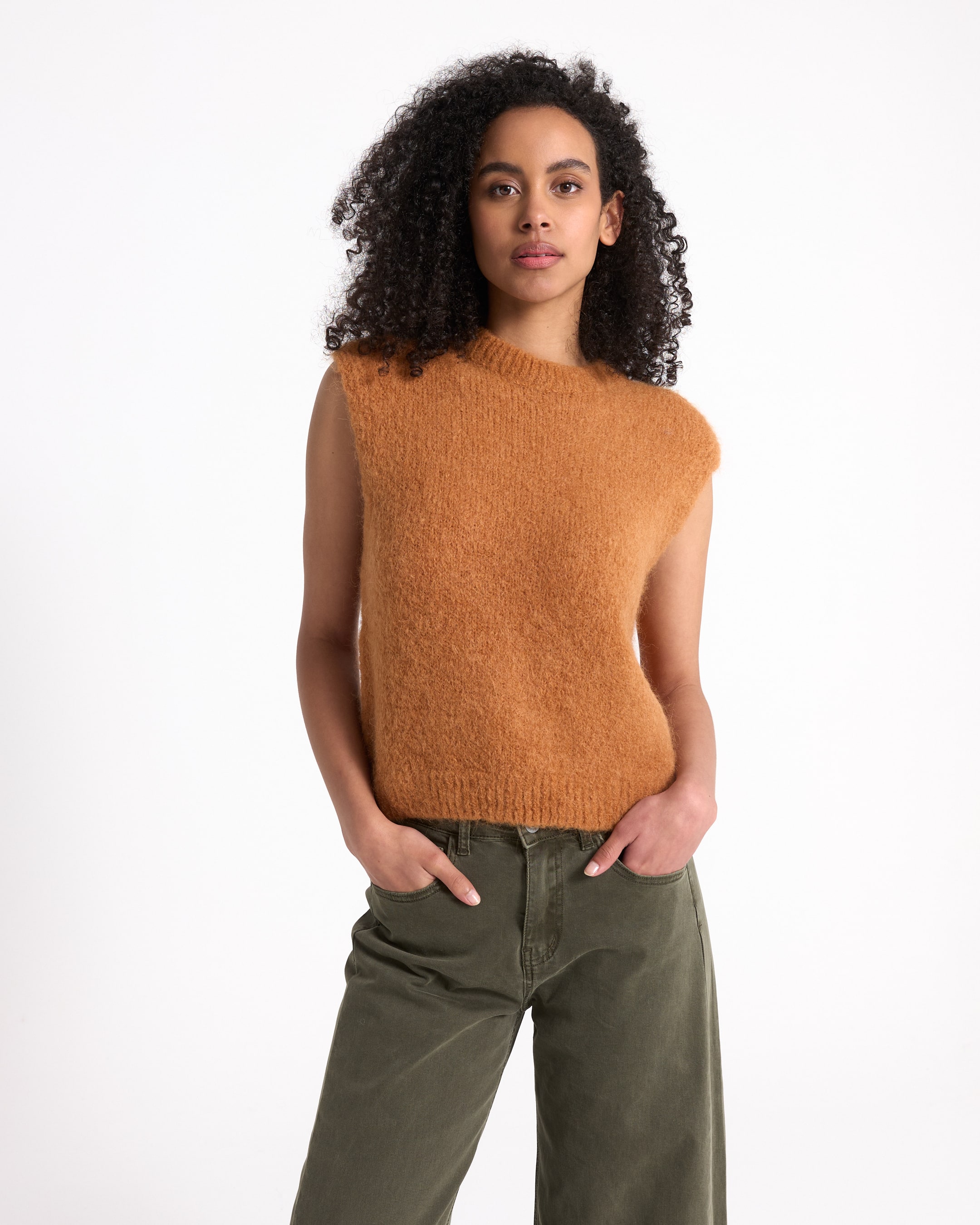 coleira sem mangas blusa, top naranja, suéter felpudo, knit tank, blusa femenina