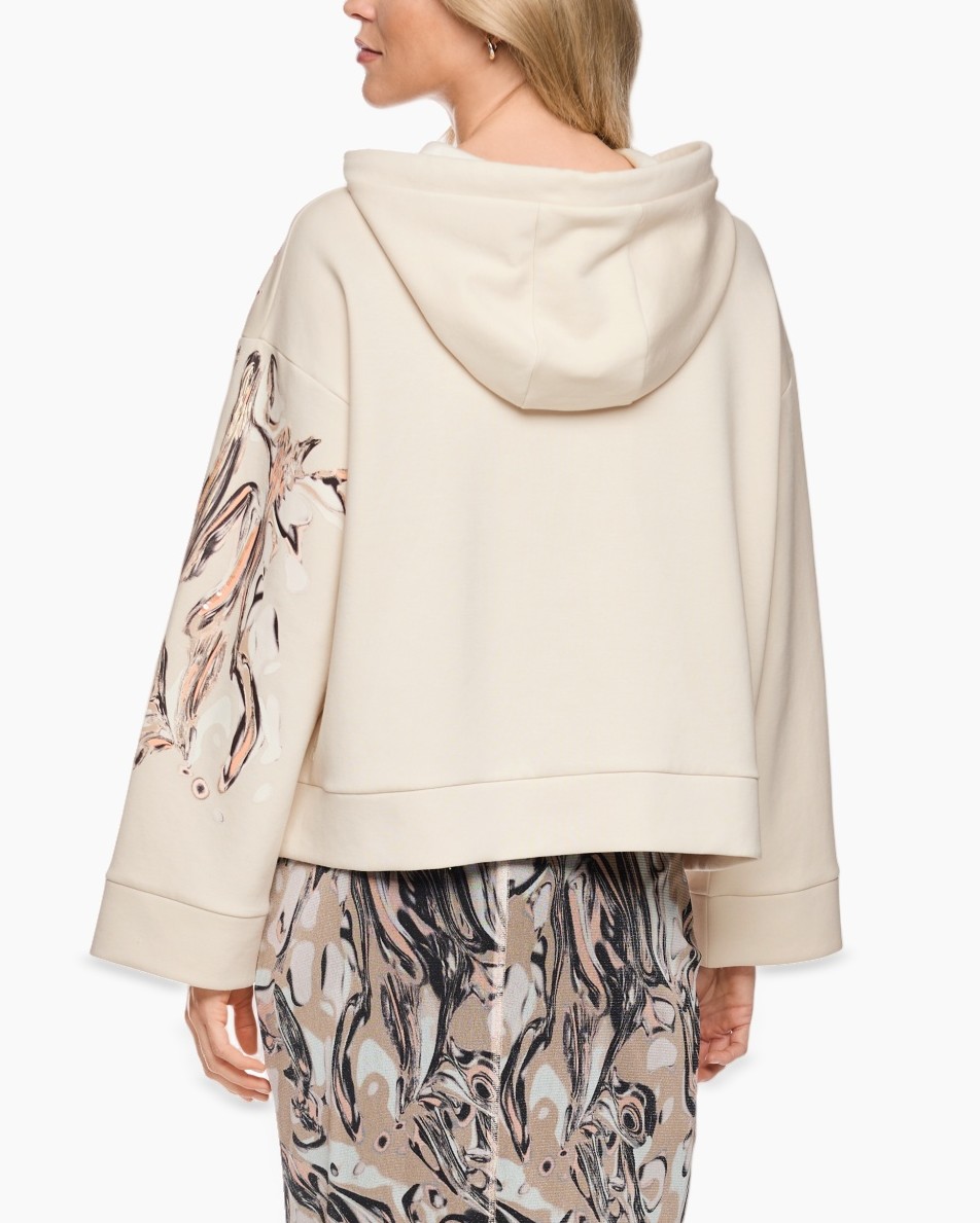 hoodie, langer mouw, beige, bedrukt mouw, dessin drawstring capuchon
