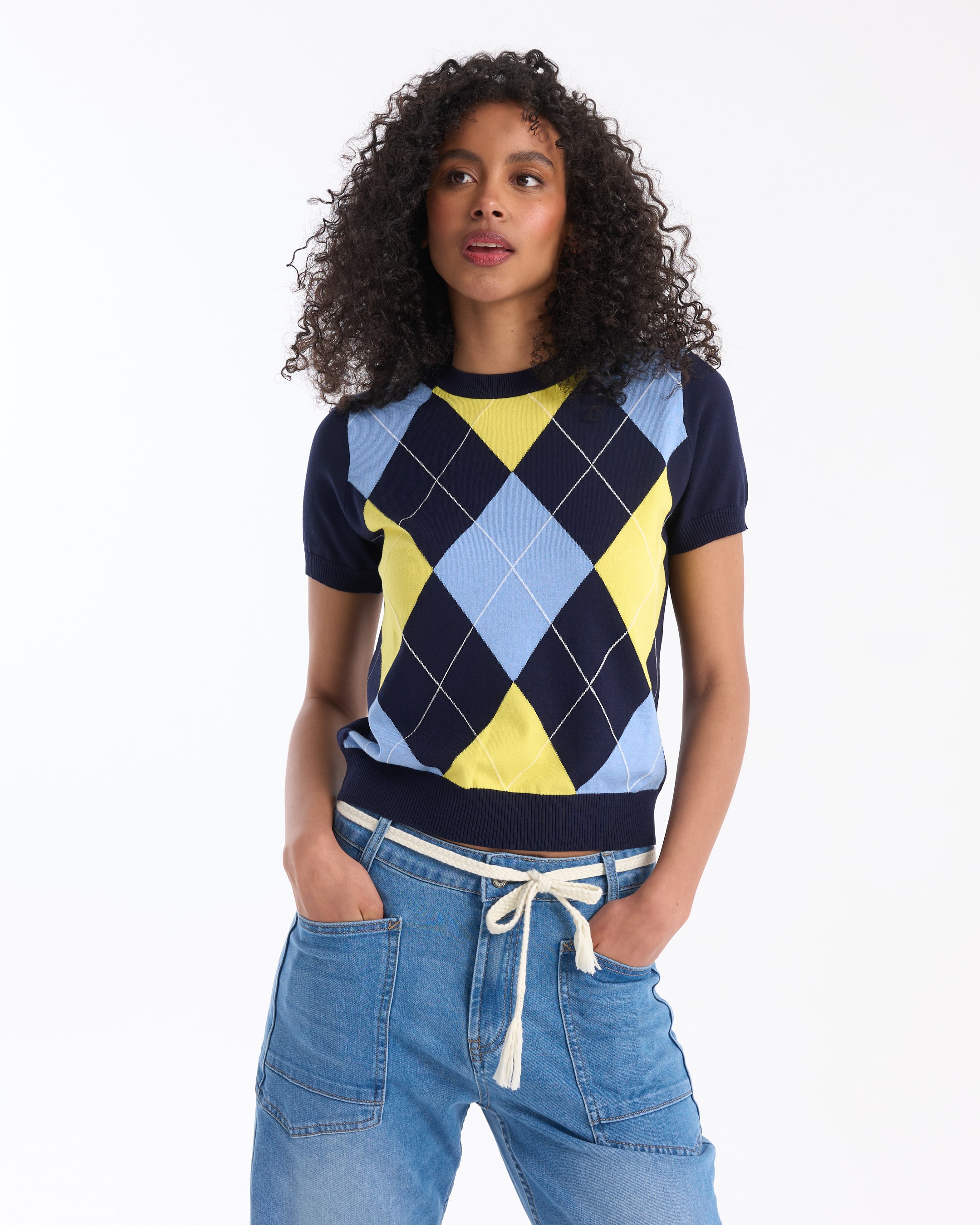 argyle, sweater, short-sleeve, navy, blue-yellow