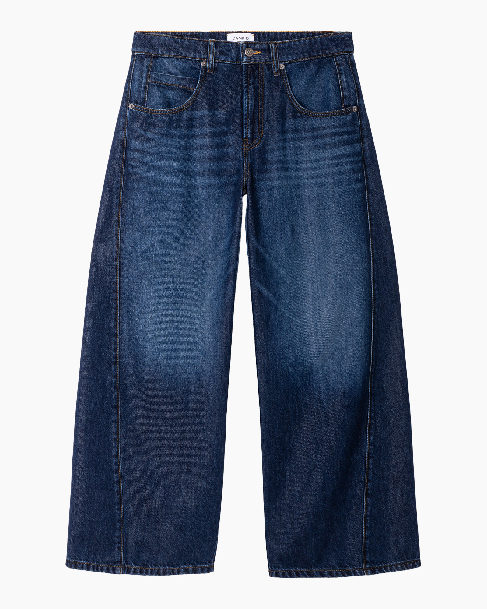 spijkerbroek, denim, wijd uitlopend, middenwas, zakken details