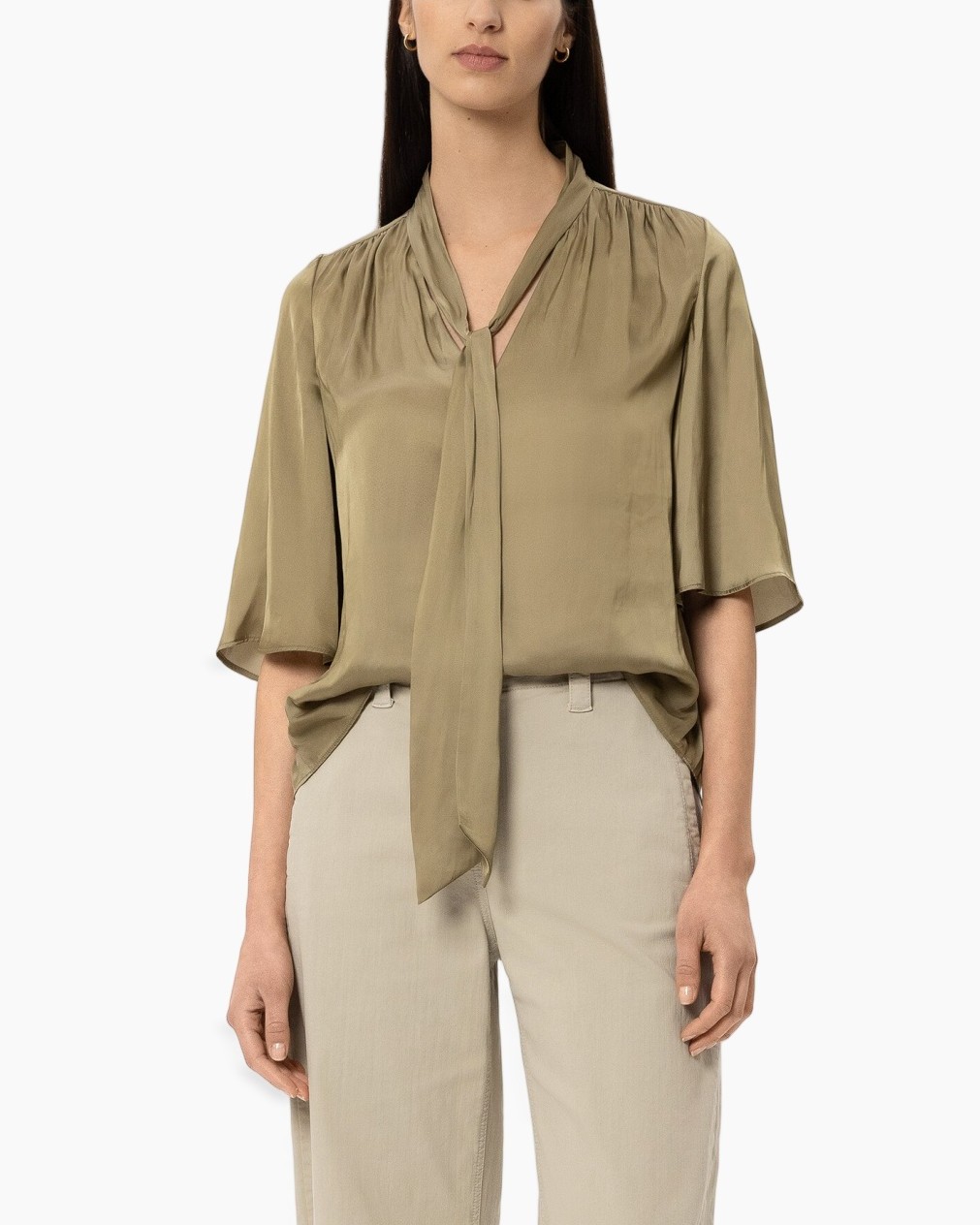 blouse, hals-tas, korte mouw, satijn, beige
