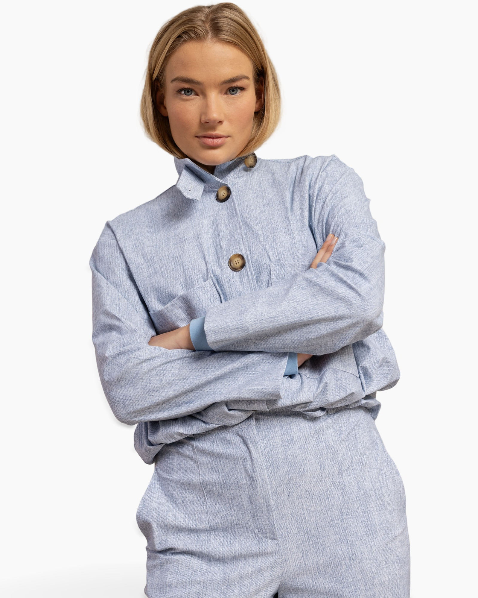 jas, linnen, lichtblauw, knopen, zak