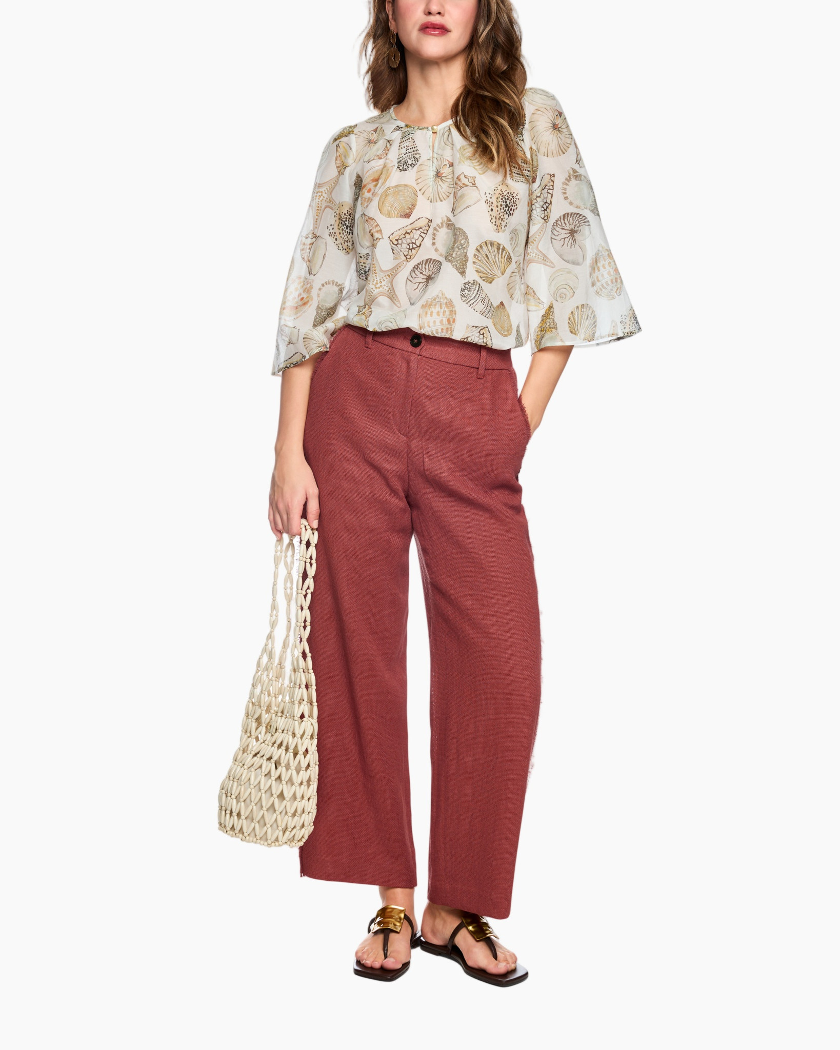 blouse, shell print, three-quarter sleeves, wide-leg pants, linen look