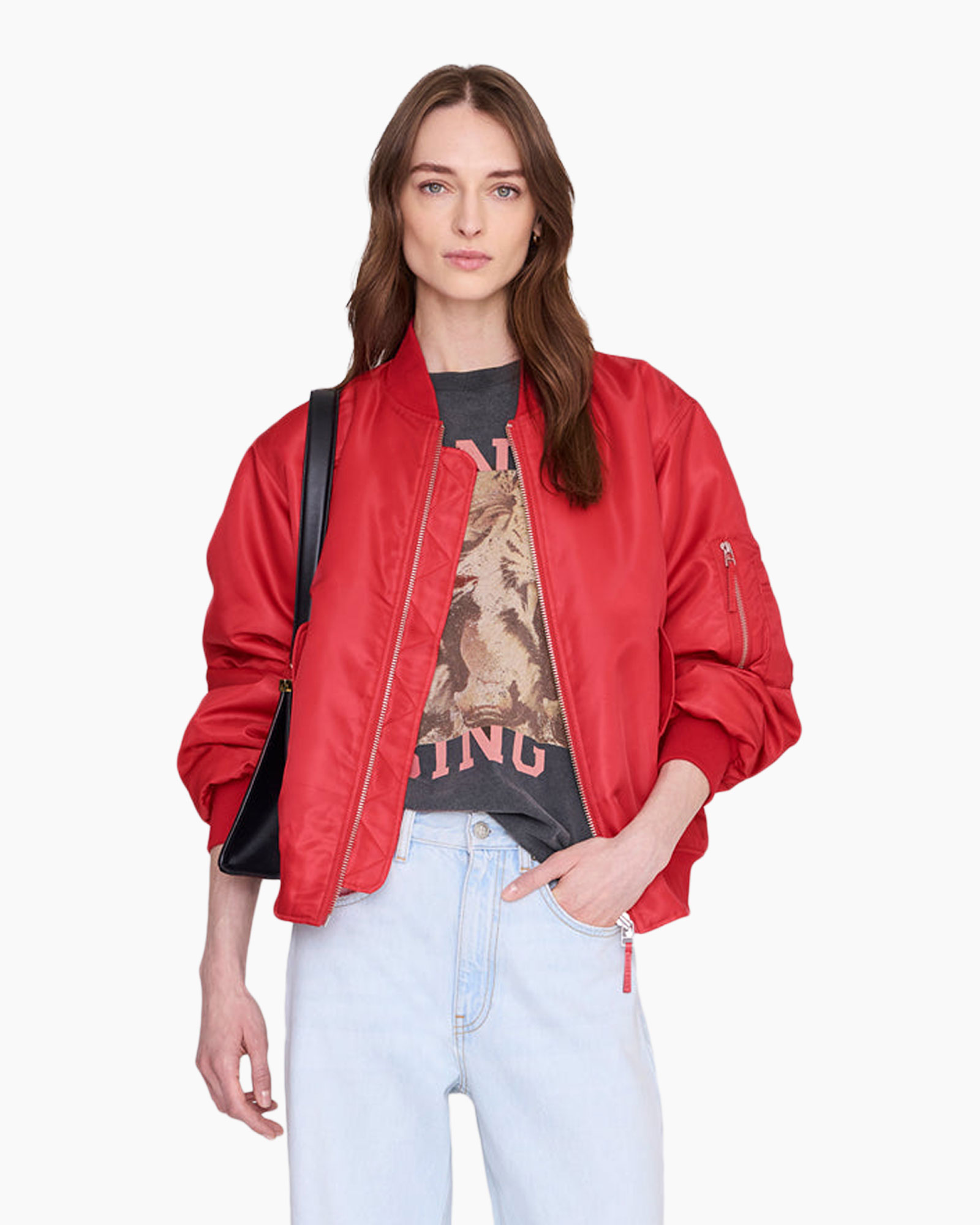 rode bomberjas, bomberjas, rits, lange mouwen, casual jas