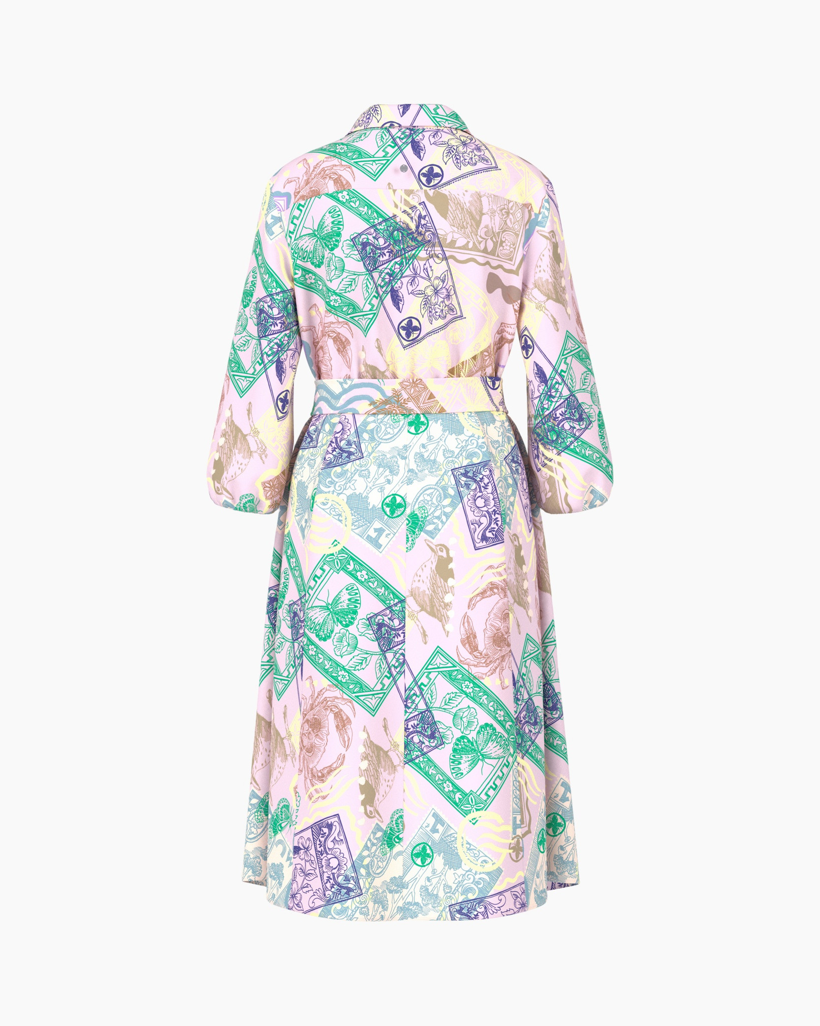 dress, full-length, patterned, collared, belted