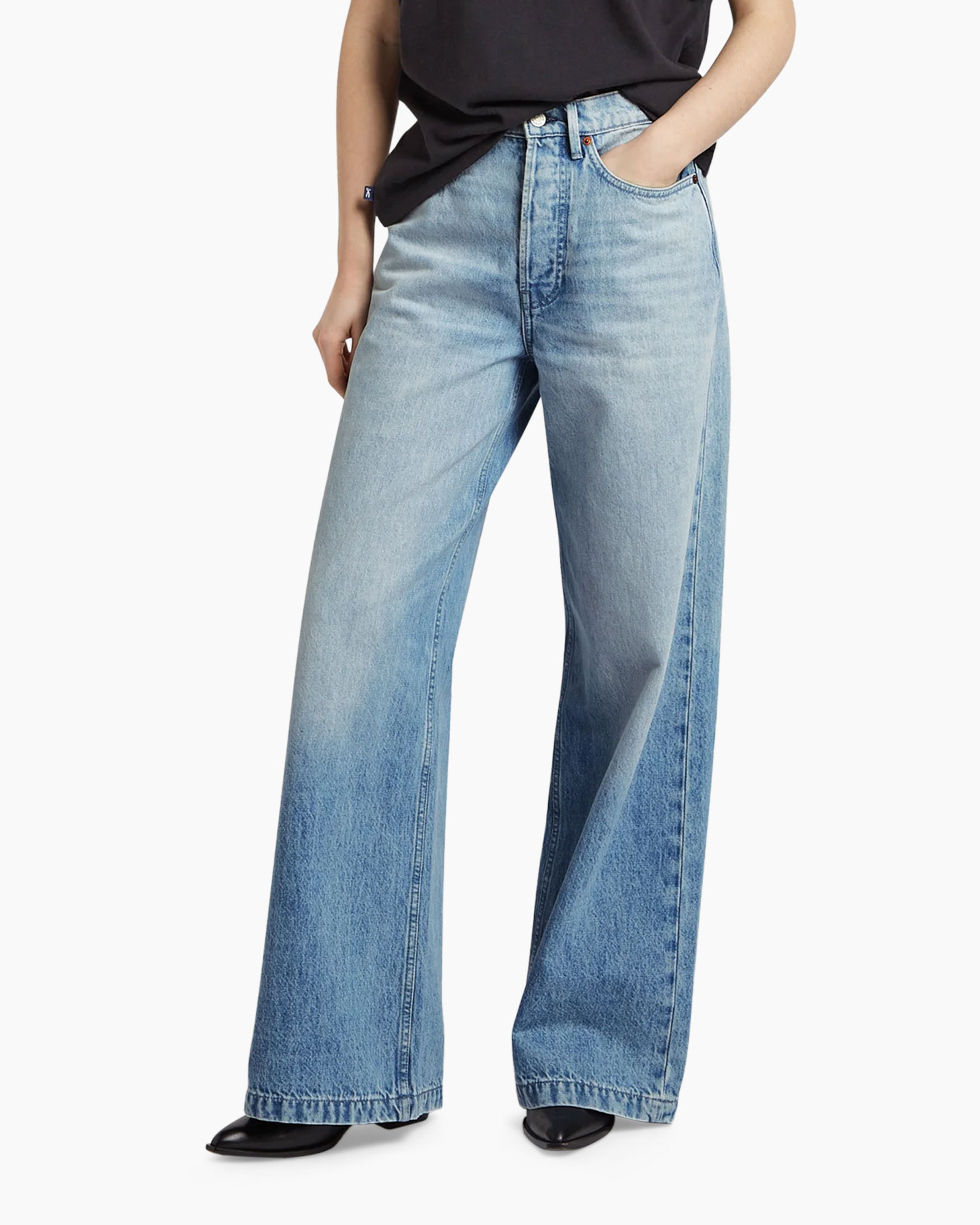 wide-leg jeans, light wash, denim, high-waist, pocketed, wide-leg jeans, light wash, distressed look, high-waisted, denim trousers
